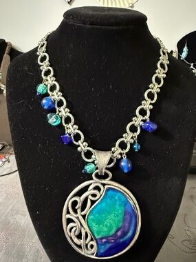 Chico's Silver-Tone Necklace with Blue and Teal Pendant